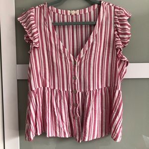 Striped Copper Key Ruffle Top with Button Front